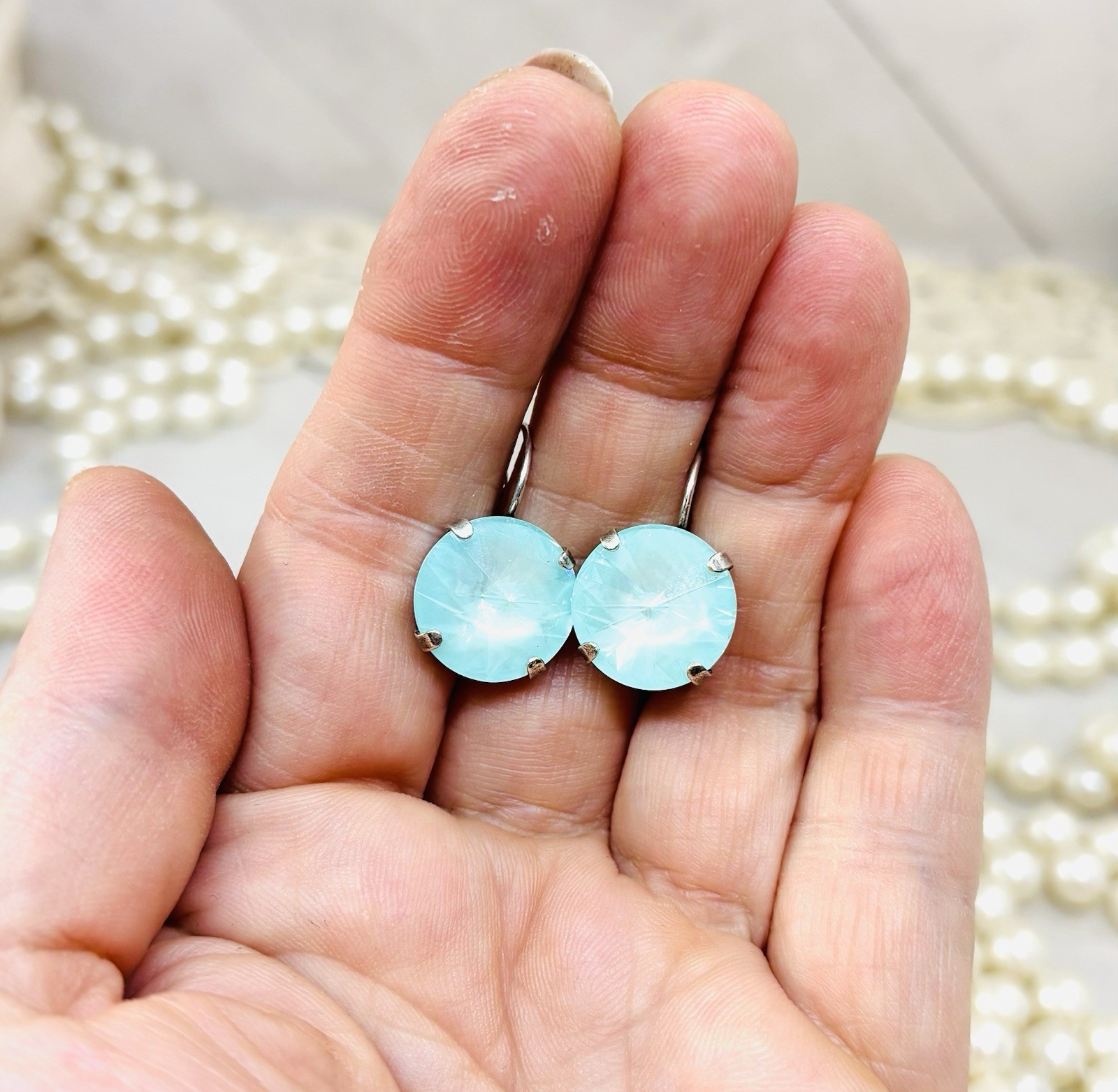Silver Plated Mint Green Drop Earrings are With 14mm Mint Green Stone