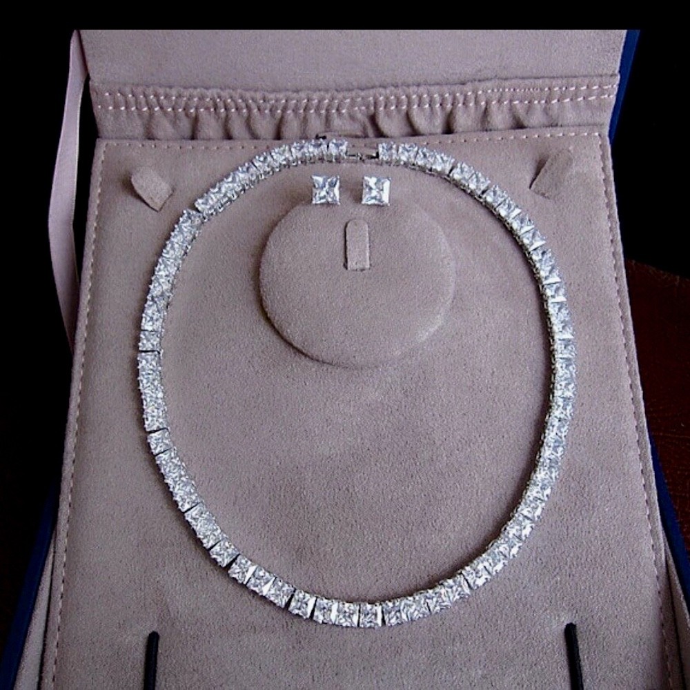 18k White Gold Plated Square Tennis Necklace Earrings made w Swarovski Crystal