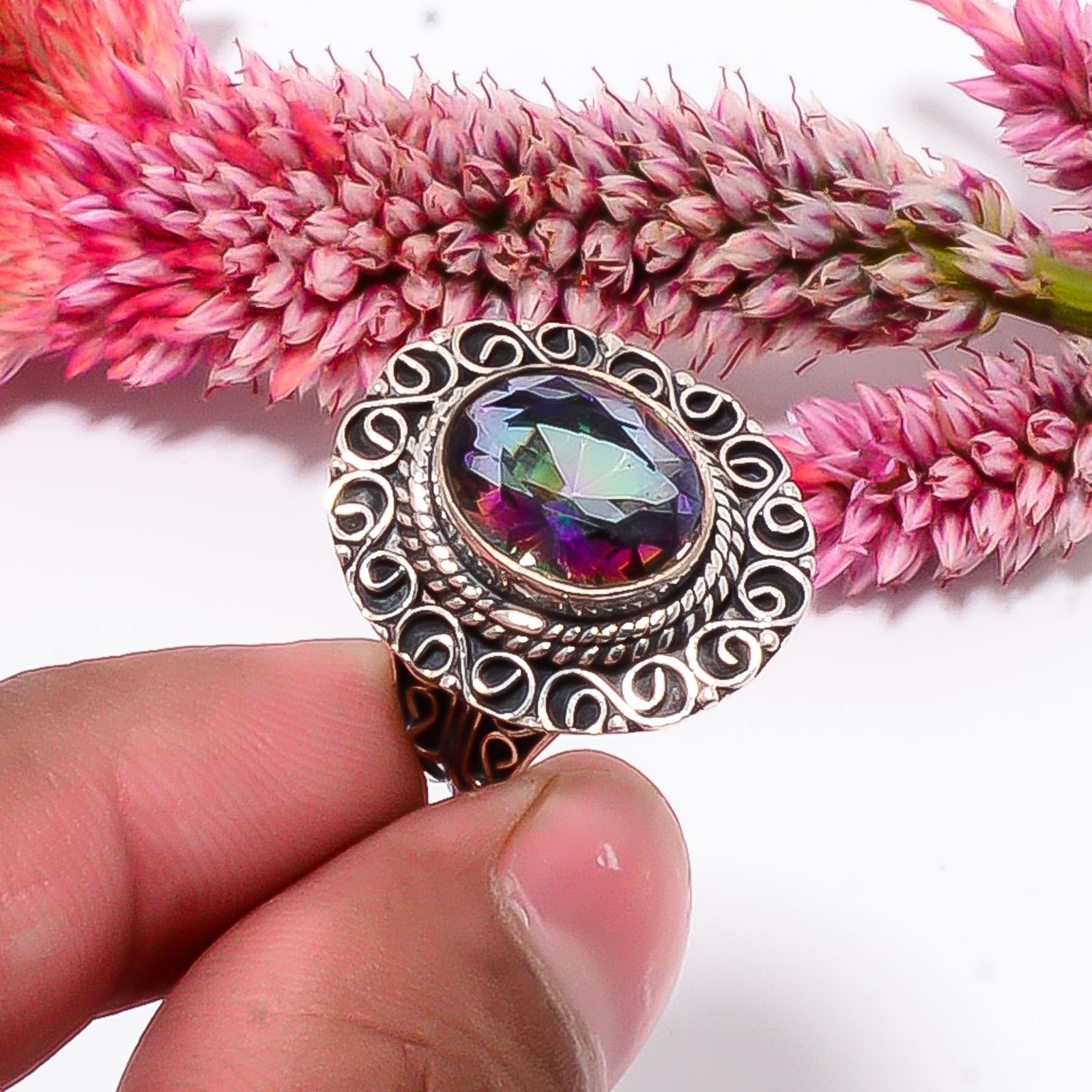 Rainbow Mystic Fire Topaz Fine Art Oxidised 925 Sterling Silver Ring S.8 R115559