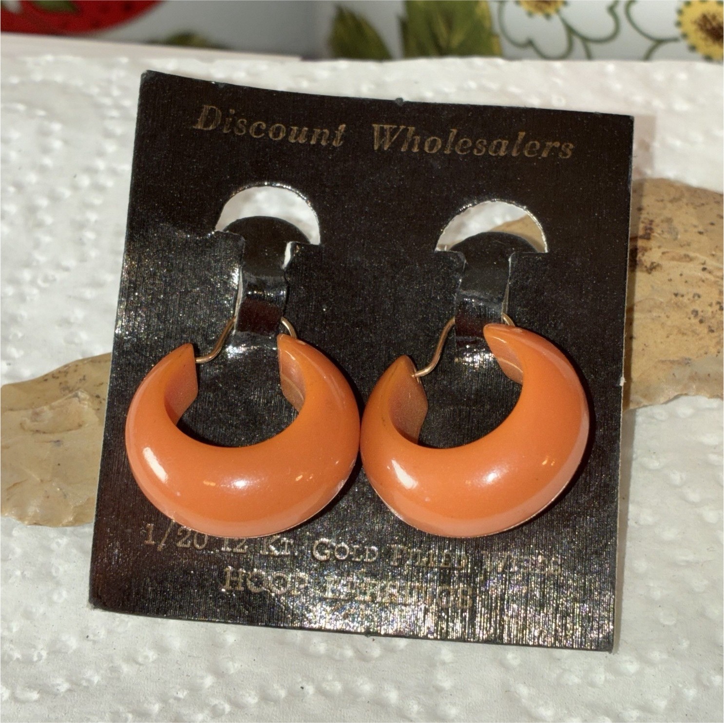 Orange Crescent Hoop Earrings Plastic Hook Closure Lobe 1 in Diameter