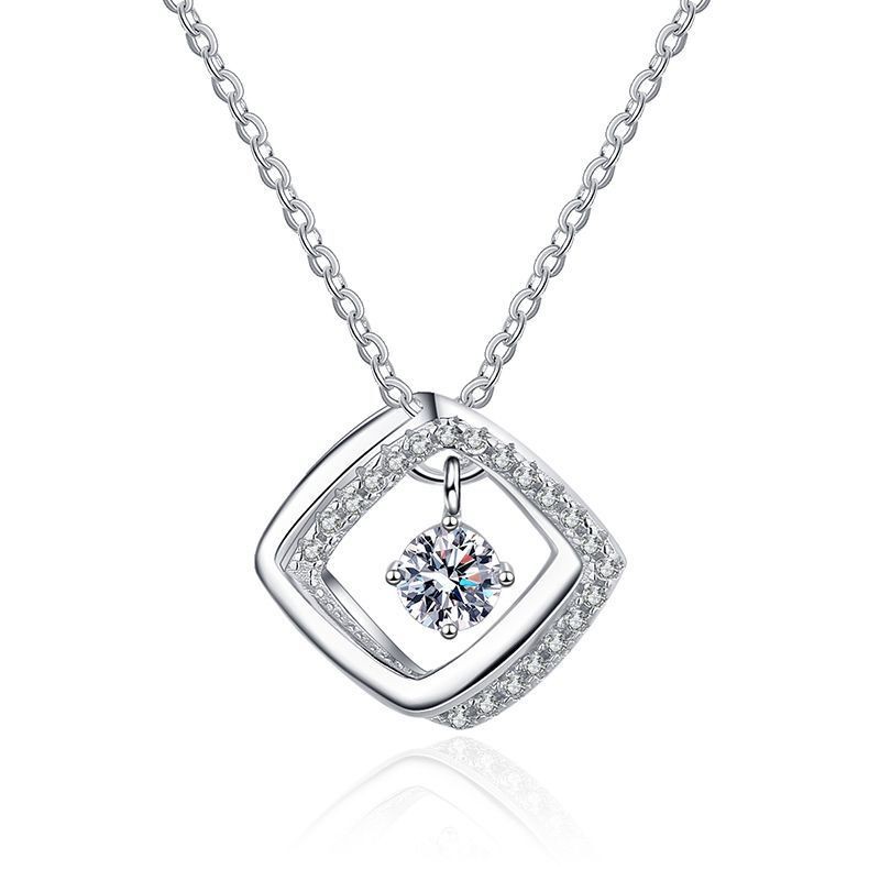 Moissanite Necklace D Color rotating square Pendant S925 Solid Silver Women