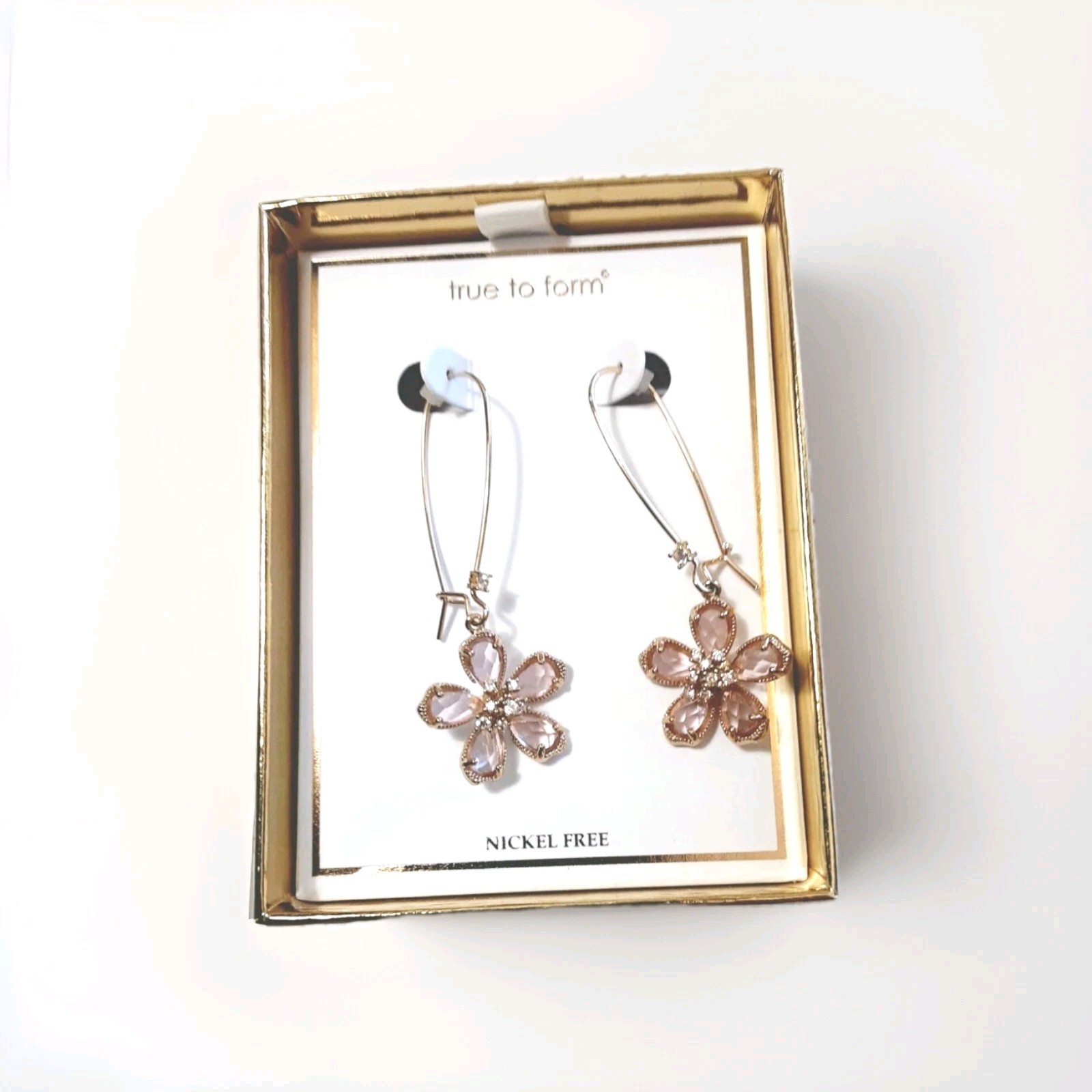 True To Form Drop Earings Pink Flowers Gold Tone Metal Nickel Free 2.2 Inch NEW