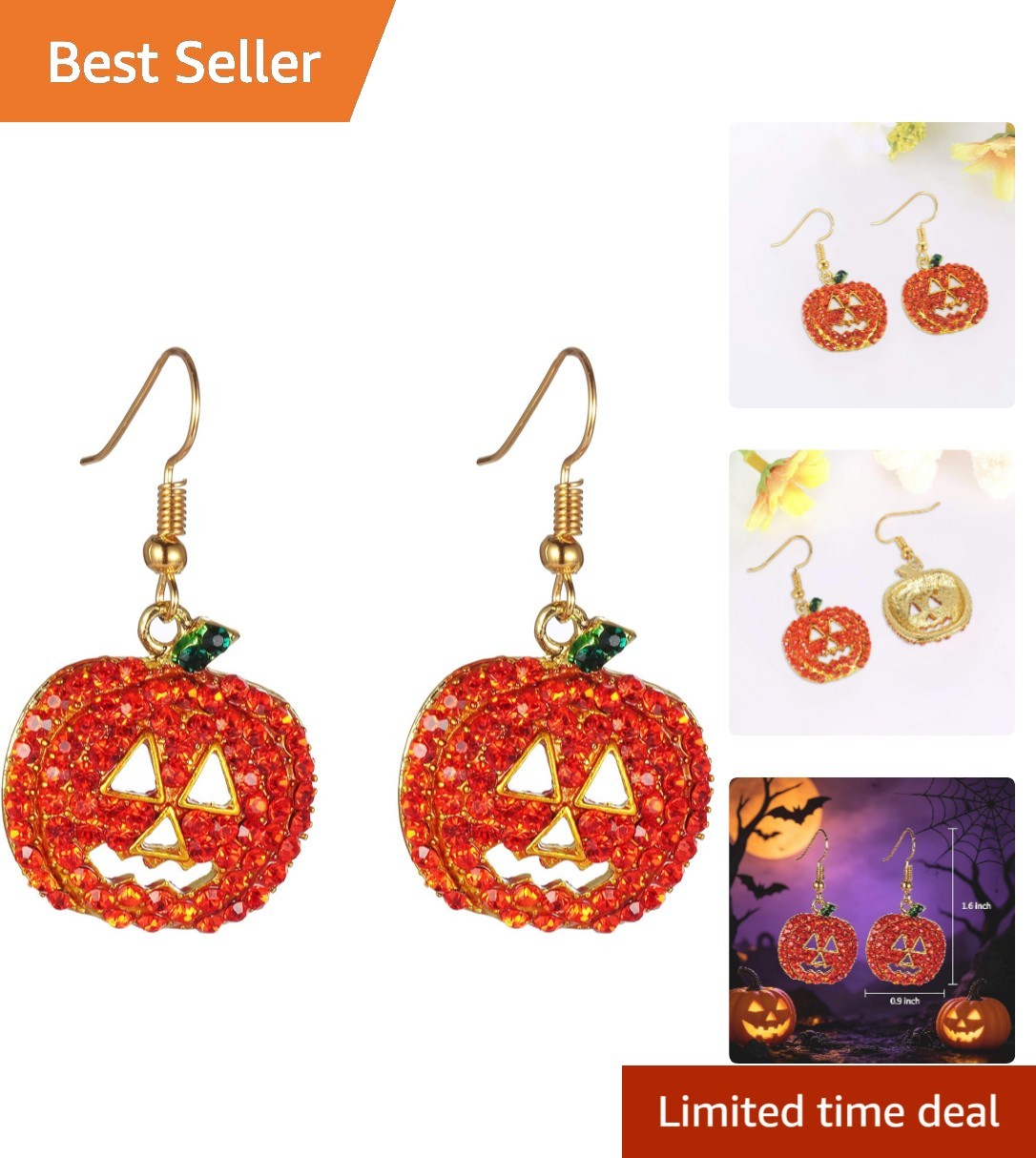 Lightweight Dangle Pumpkin Earrings in Red Crystal – Perfect for Costume Parties