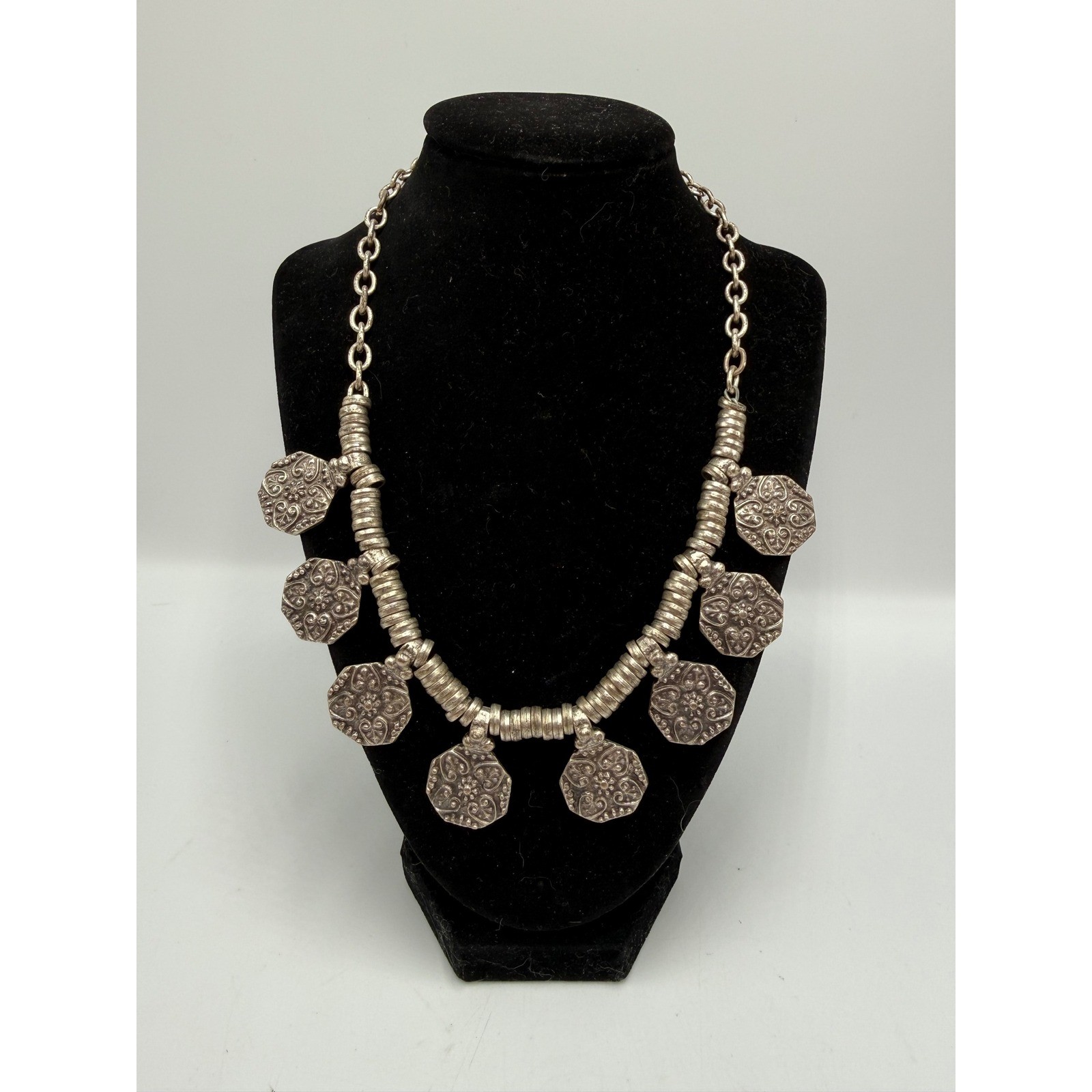 Boho Silver Tone Etched Hexagon Charm Statement Necklace Ethnic Coin Detail 20″
