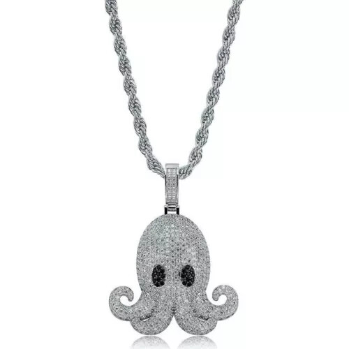 1.77 Ct Round Cut Simulated Diamond Octopus Charm Pendant 14K White Gold Plated