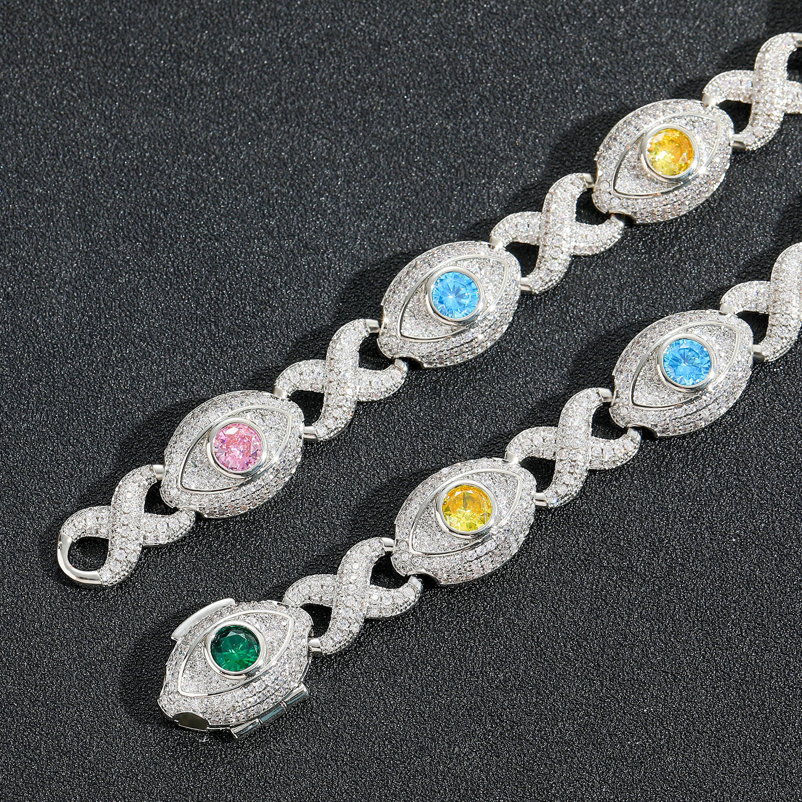 Cuban Chain Necklace Bracelets Zircon Mens Jewelry Hip Hop Colorful Eye