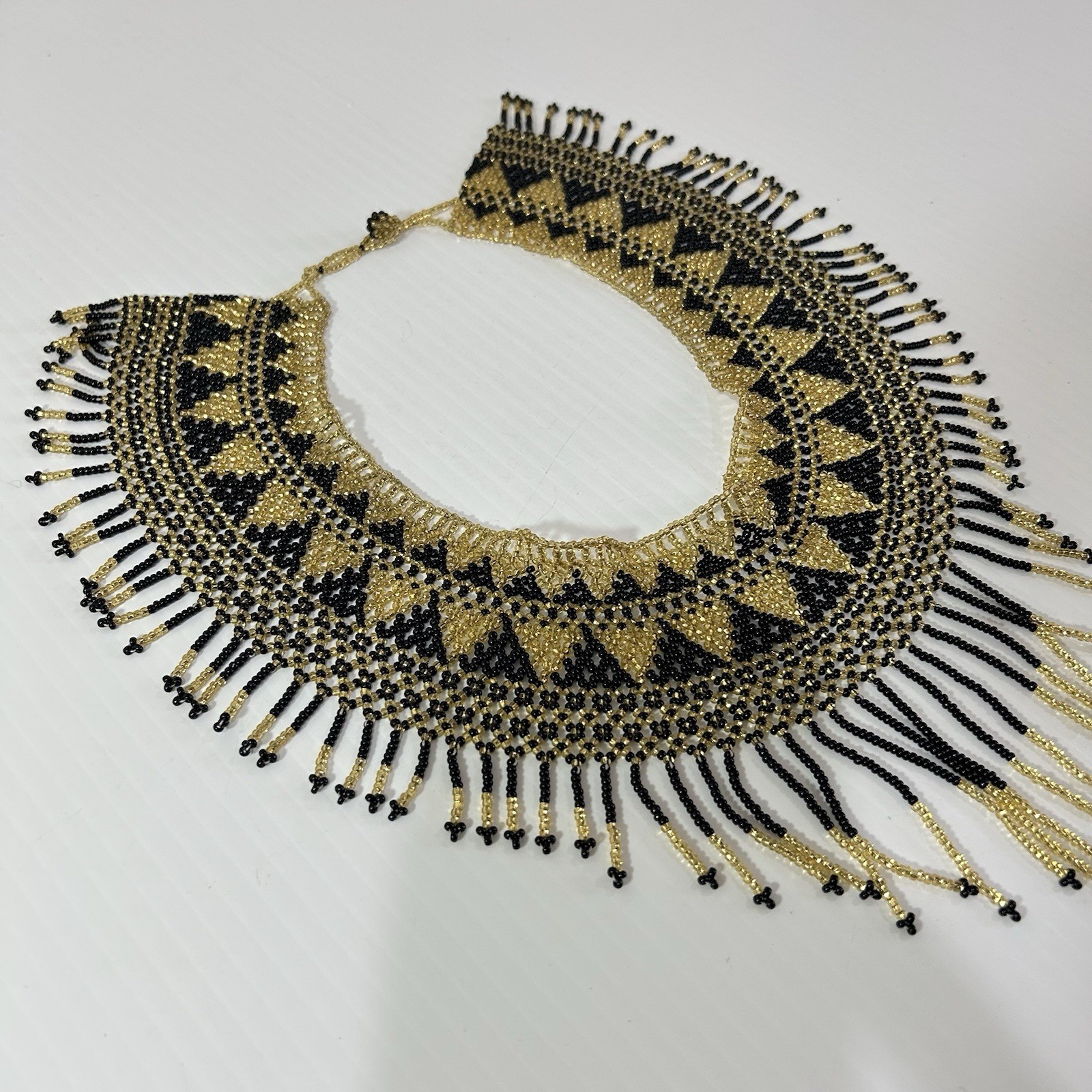 Handcrafted Sead Bead Collar Choker Necklace Black Gold Fringe Statement Jewelry