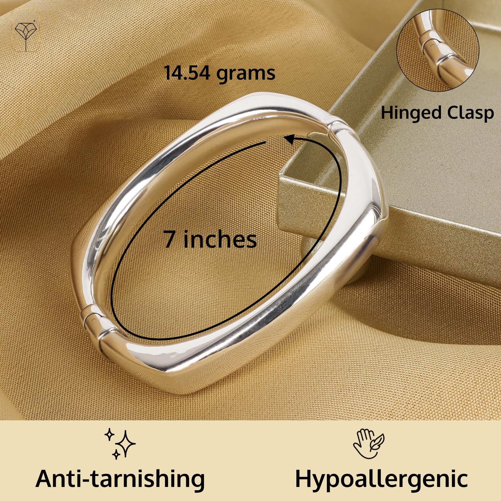 925 Sterling Silver Polished Square Bangle Bracelet 7 Inch Hinged Cuff