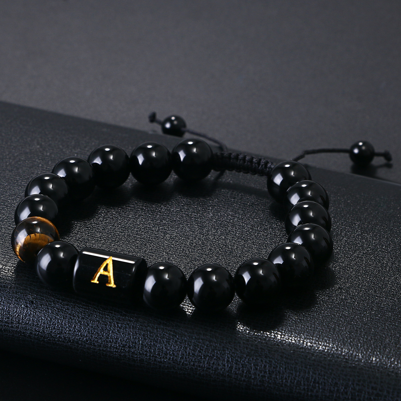 Initial Letter Bracelet For Men Black Onyx Tiger Eye Stone Beads Bracelet 10mm