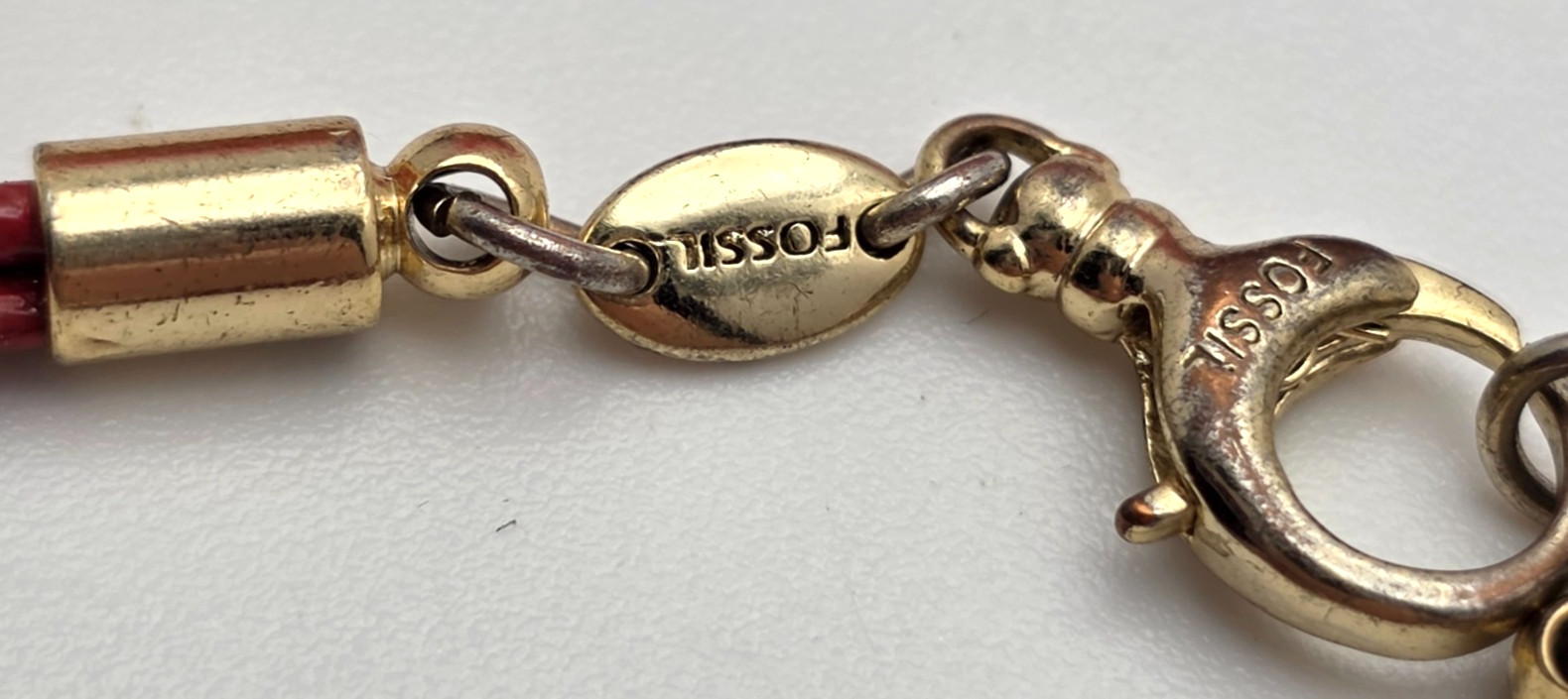 Fossil Red Leather Triple Strand Gold Tone Bar Bracelet Minimalist 8 In