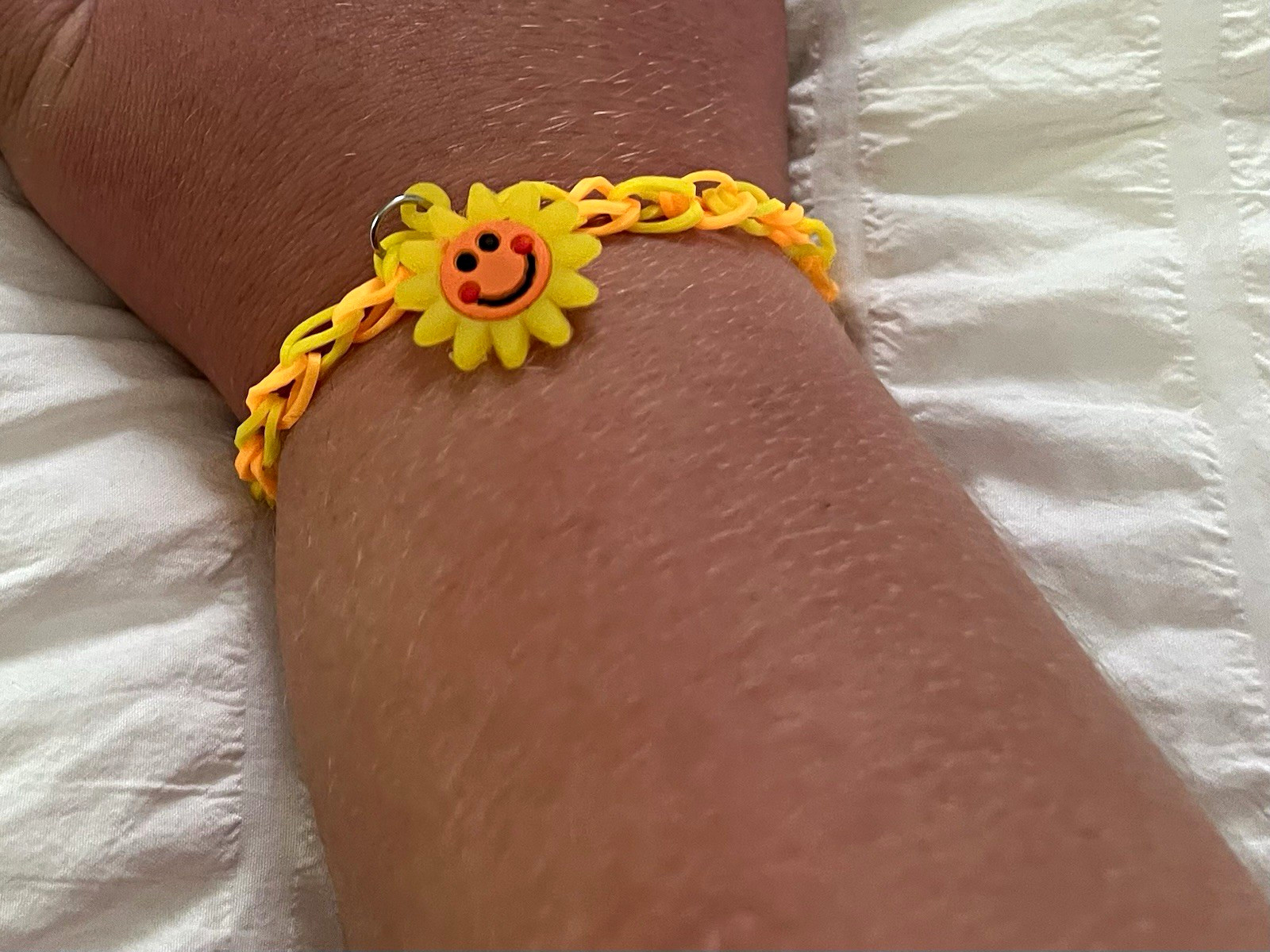 Yellow & Orange Plastic Bar Link Bracelet Adjustable Smiley Flower Charm