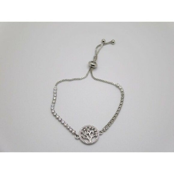 Cubic Zirconia Tree Of Life Adjustable Bolo Bracelet in Fine Silver Plate $75