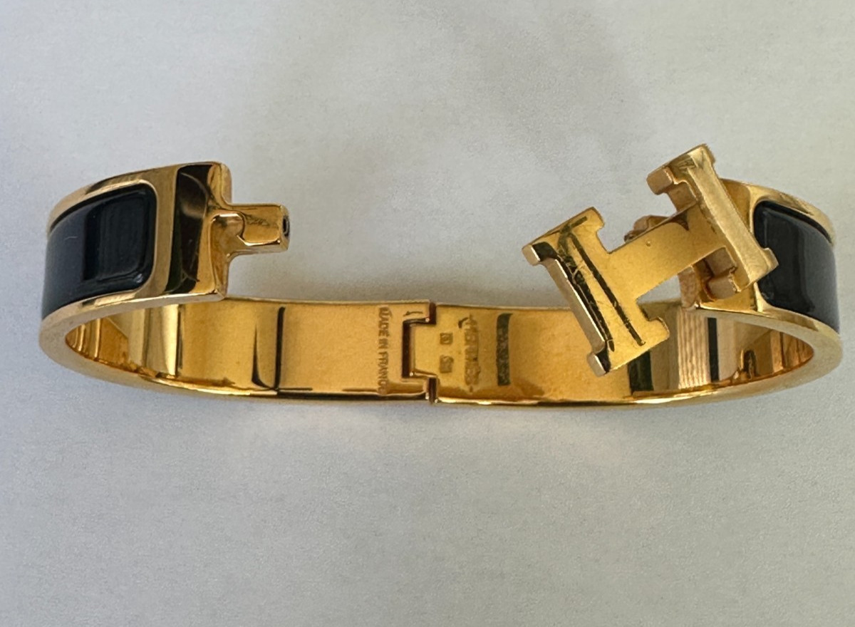 Hermès Clic Clac H PM Black Enamel Gold Plated Bangle Bracelet Made in France