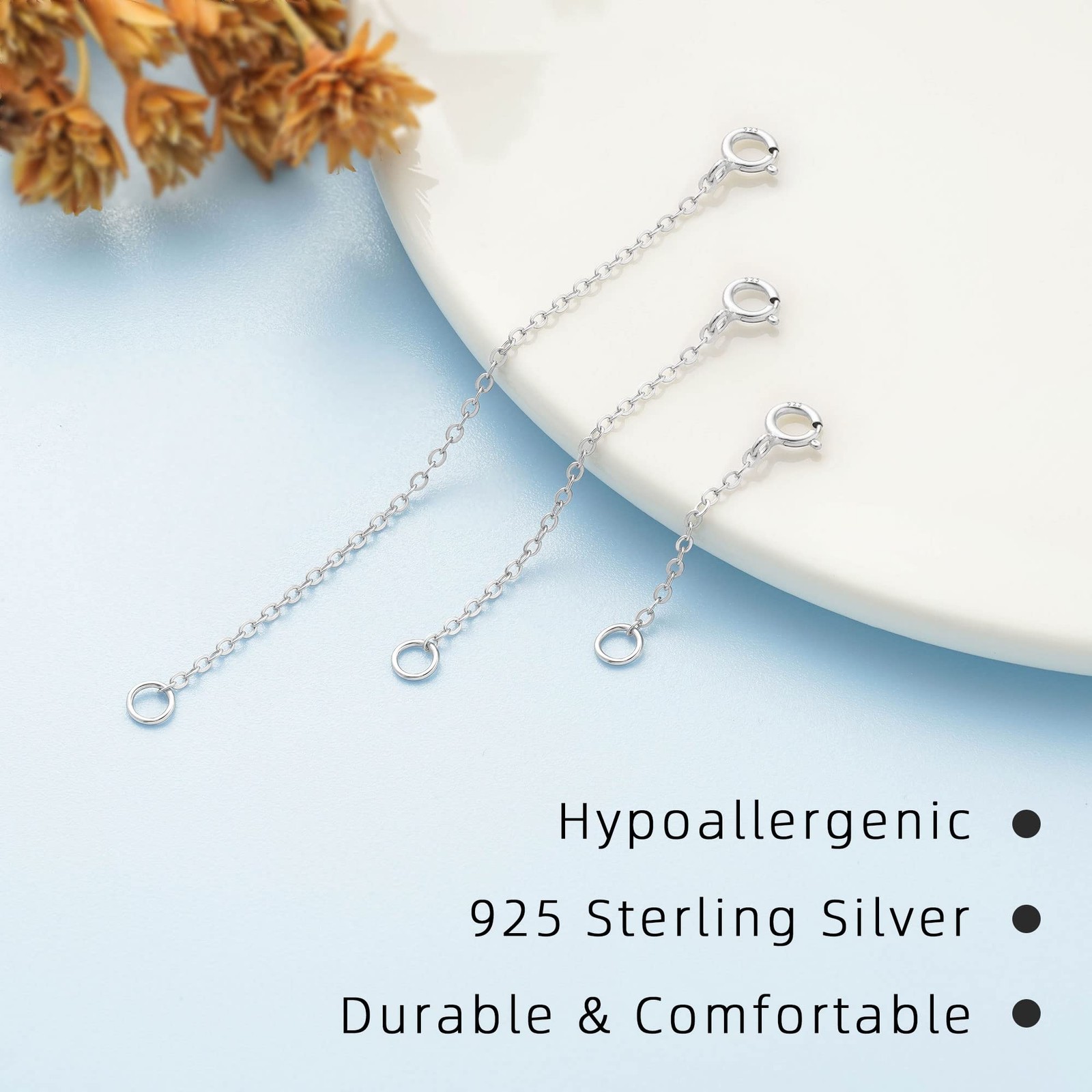 3 Pcs Necklace Extender Sterling Silver Chain Extenders for Necklaces Bracelets