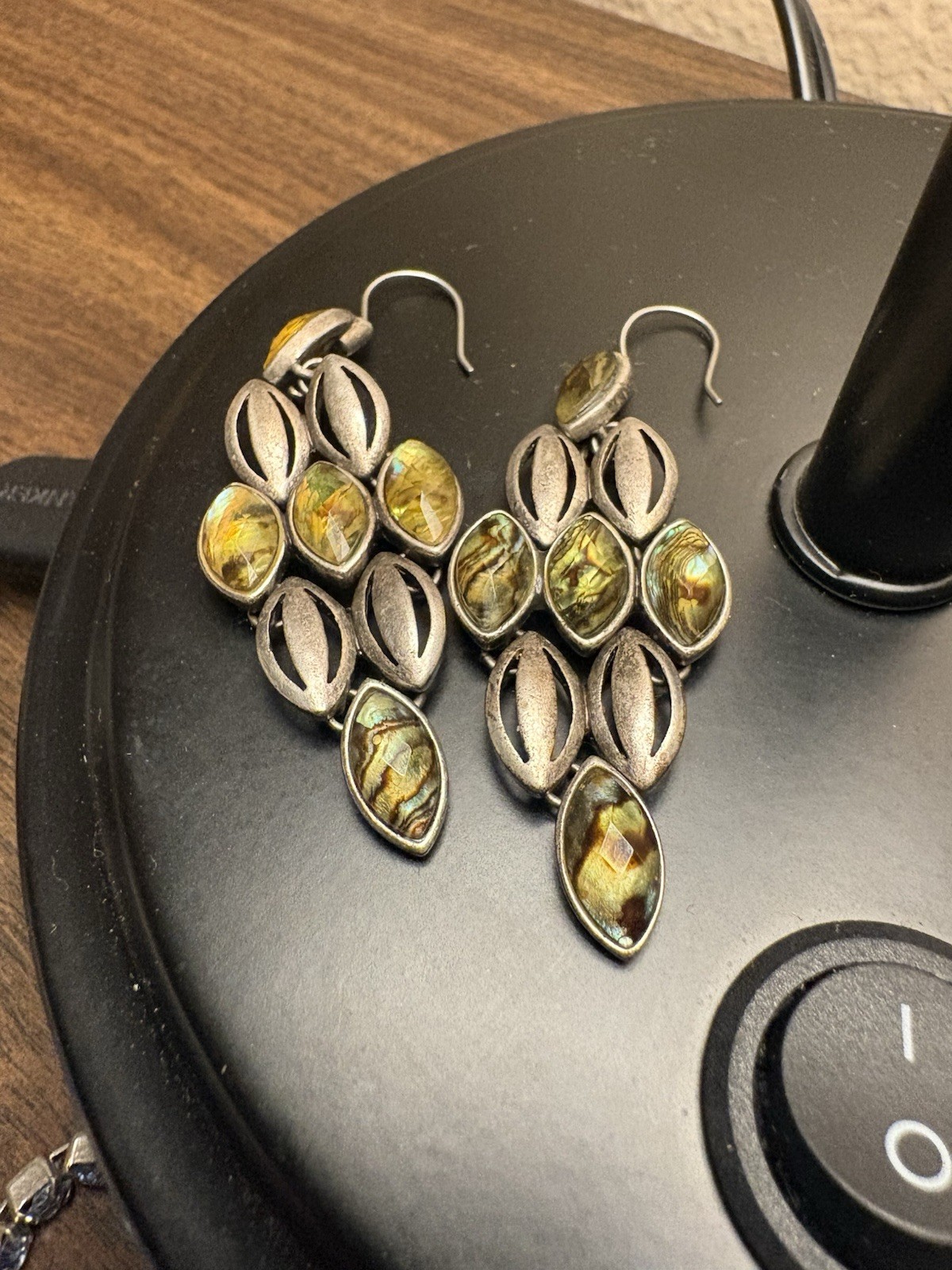Silver-Tone Asymmetrical Dangle/Drop Hook Earrings w/ Green Marquise Stones