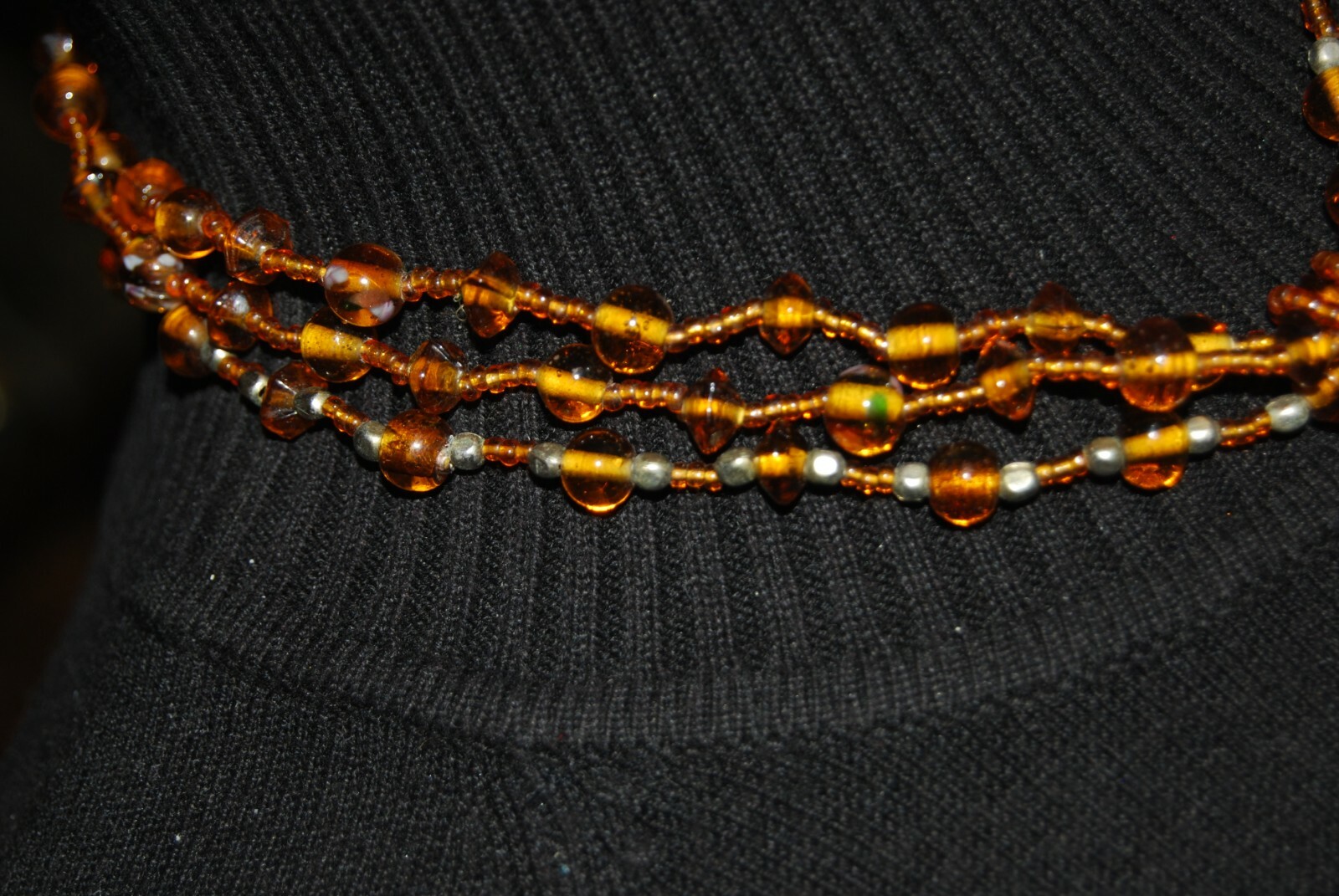 MULTI STRAND AMBER COLOR GLASS WITH LARGE GRIPOIX PENDANT STATEMENT NECKLACE