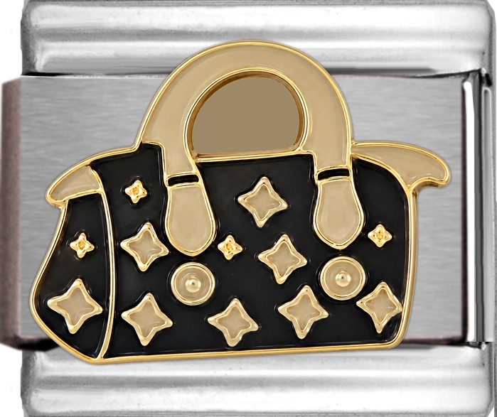 Dark Brown Tan Purse Handbag Gold Enamel 9mm Italian Charm Bracelet Fashion Link