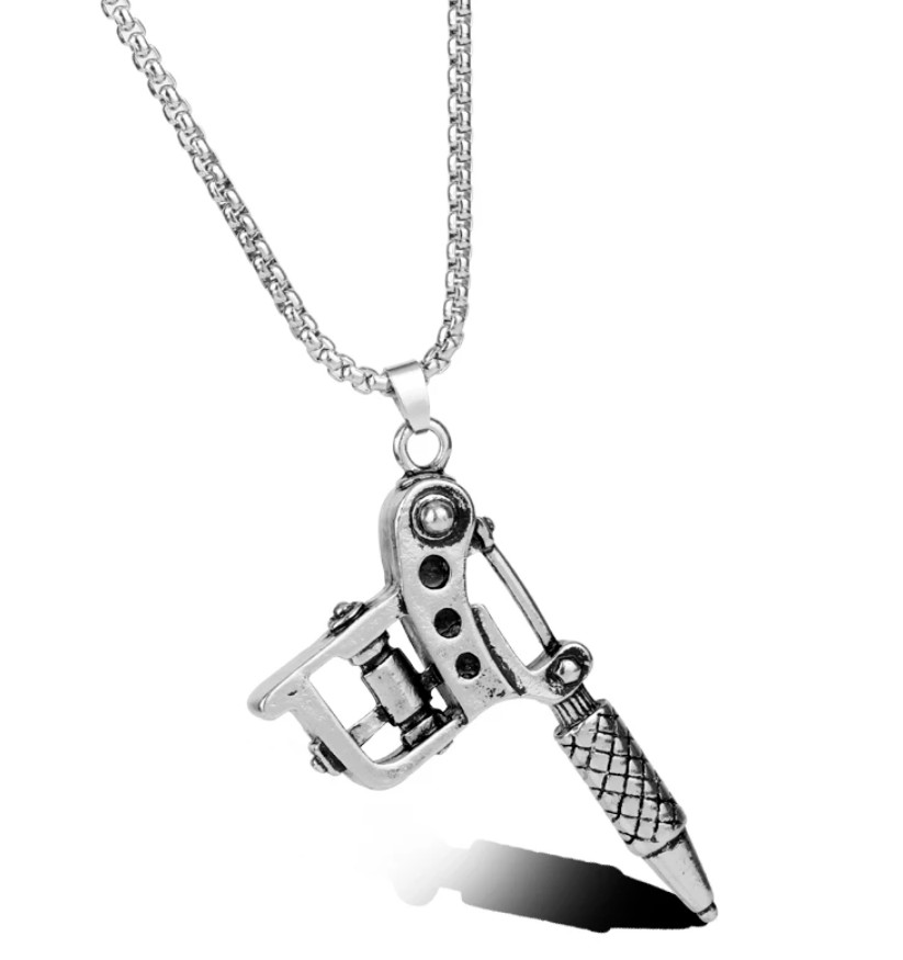 Tattoo Machine Gun SILVER Plated Necklace Ink Needle Rotary Tool Body Artist