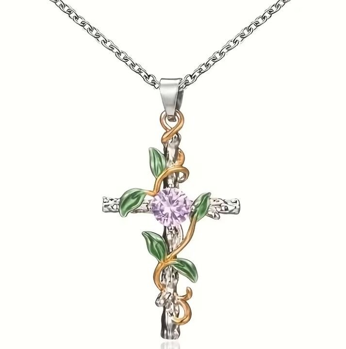 Gold and Silver Tone Leaf Cross Pendant Necklace Pink Crystal Accent NEW