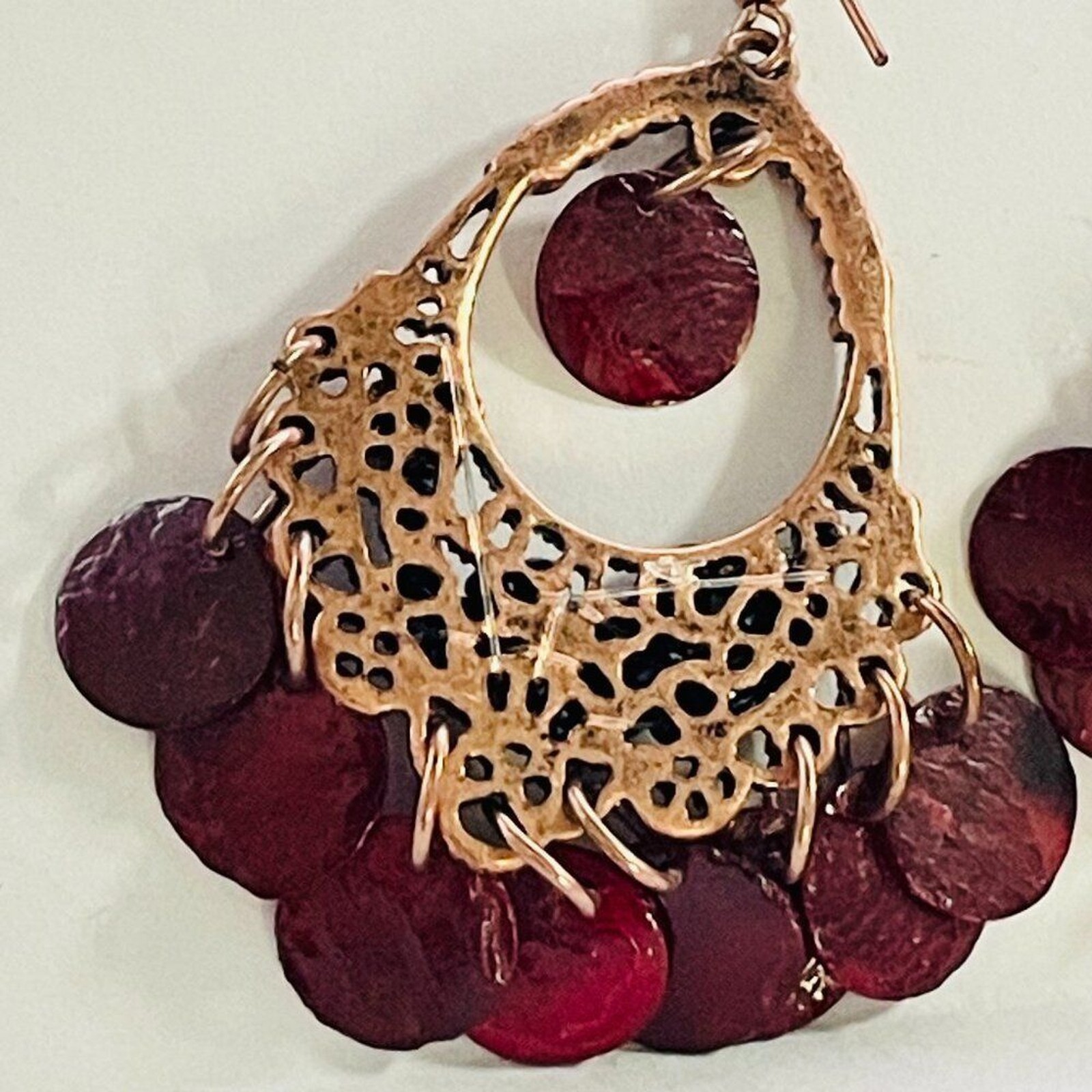 Boho Chandelier Dangle Earrings Red Shell Bead Gold Tone Festival Style