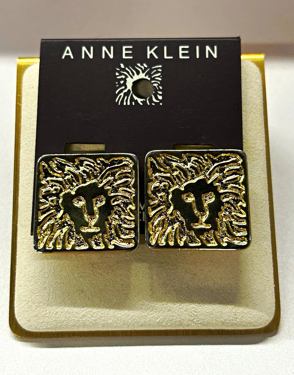 Vintage Anne Klein Gold Tone Square Lion logo Clip-On Earrings
