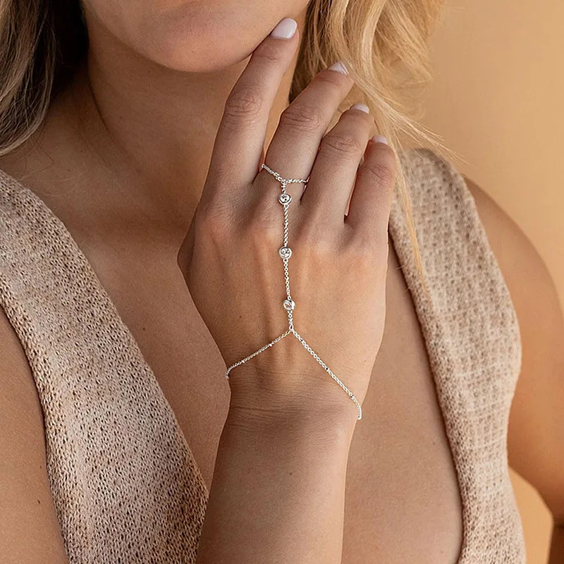 Hand Chain Bracelet with Ring Zircon Adjustable 14K Gold Plated Dainty Women