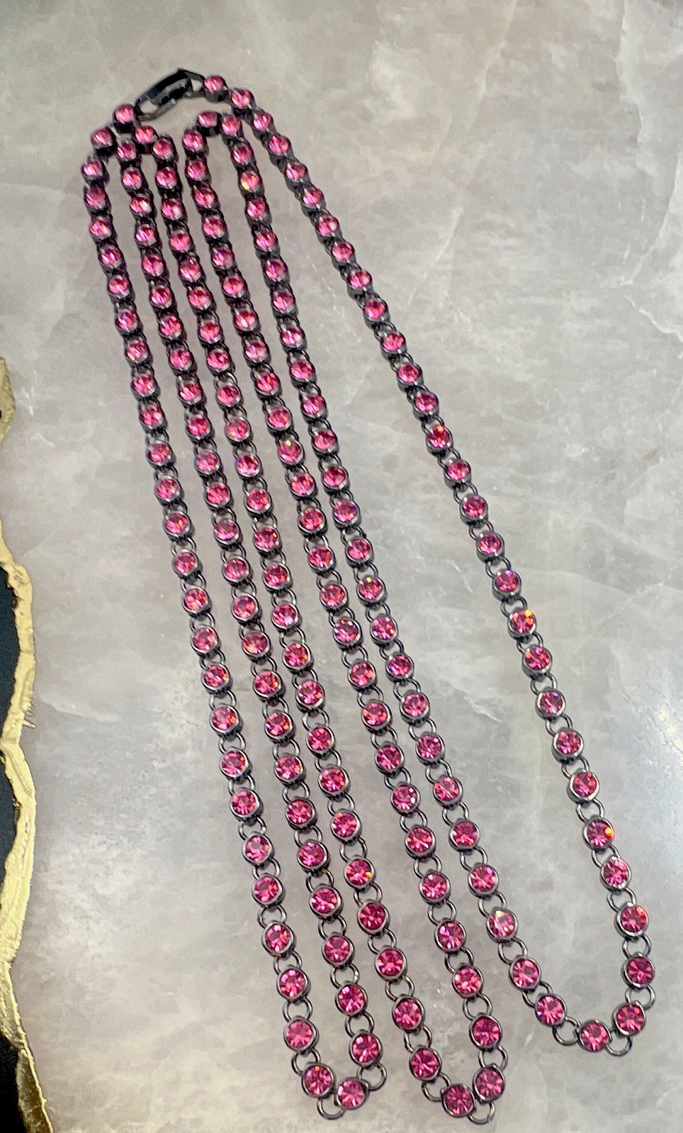 Pink Simulated Crystal Station Chain Necklace Dark Silver Tone Lobster Clasp 48”
