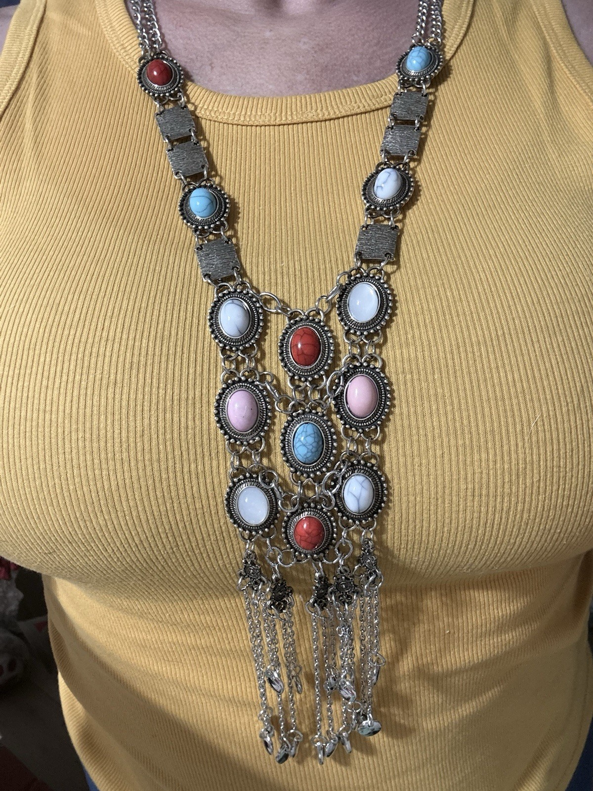 Silver-Tone Multicolor Oval Cabochon Bezel Fringe Statement Necklace Curb Link