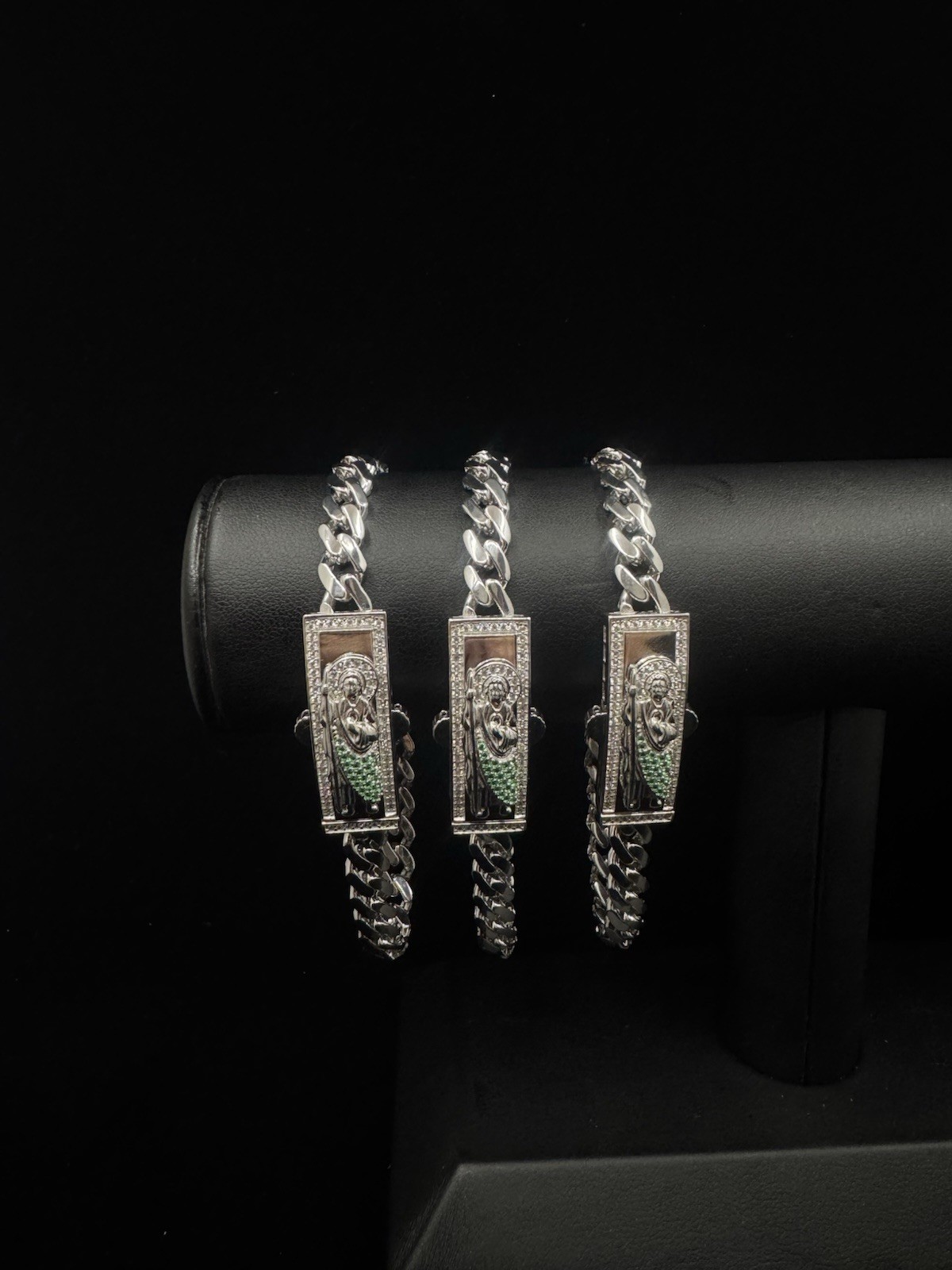 925 Sterling Silver San Judas Esclava St Jude Green CZ Cuban 6.5mm Bracelet 8in
