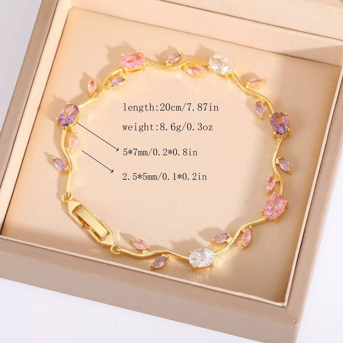 Gold Pink Purple Crystal Leaf Vine Bracelet Copper 20cm Jewelry