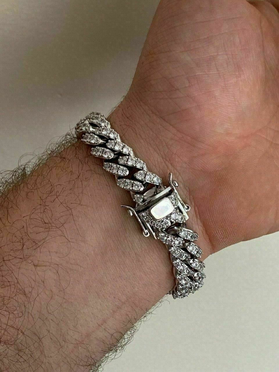 925 Silver Mens Miami Cuban Bracelet Real Iced Moissanite Passes Tester HEAVY