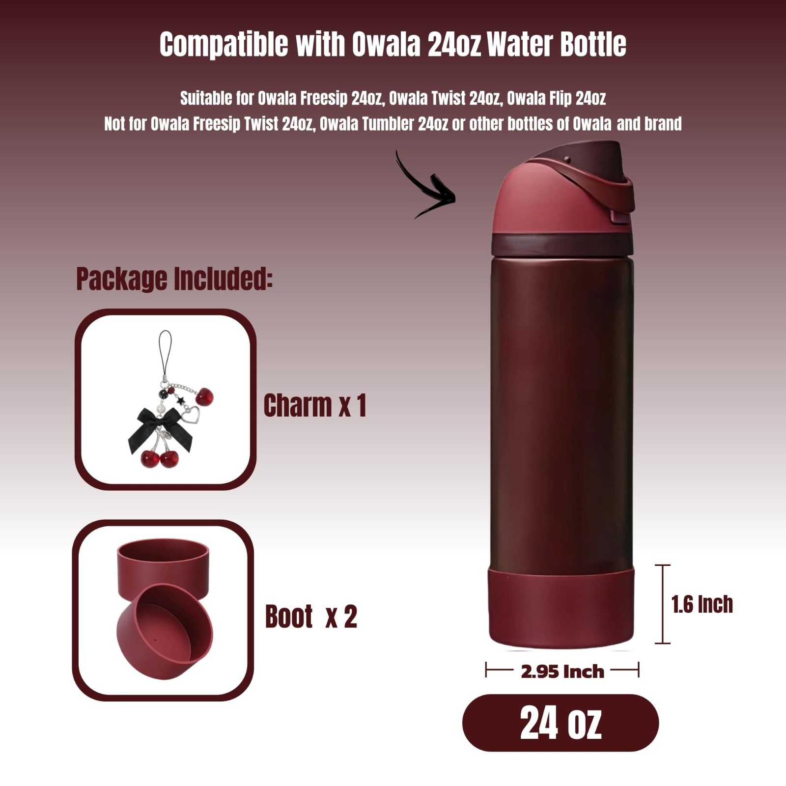 2PC Silicone Bottle Boot with Black Cherry Charm for 20 24 30 32 40oz Cups USNew