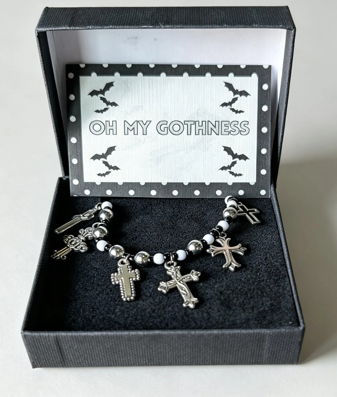 Handmade Black and White Beaded Choker Silver Metal Crosses Boxed Gothic Gift