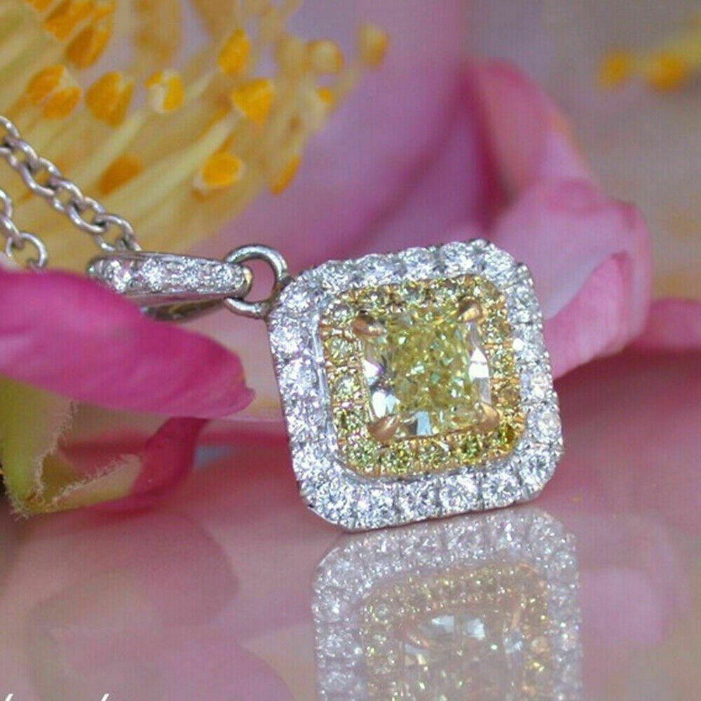 2Ct Simulated Yellow Sapphire Diamond Halo Pendant 14k White Gold Plated Silver