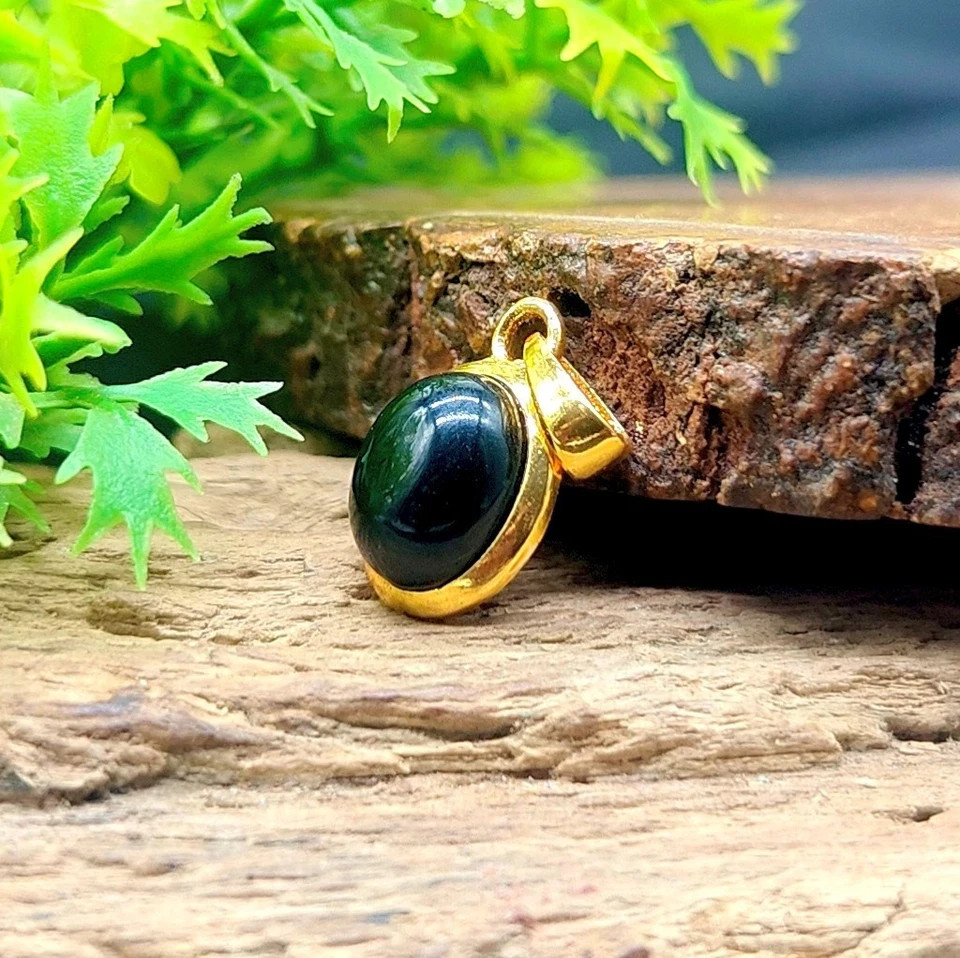 Black Onyx Gemstone Pendant, 9x11mm Oval Gold Plated Handmade Fashion Jewelry.