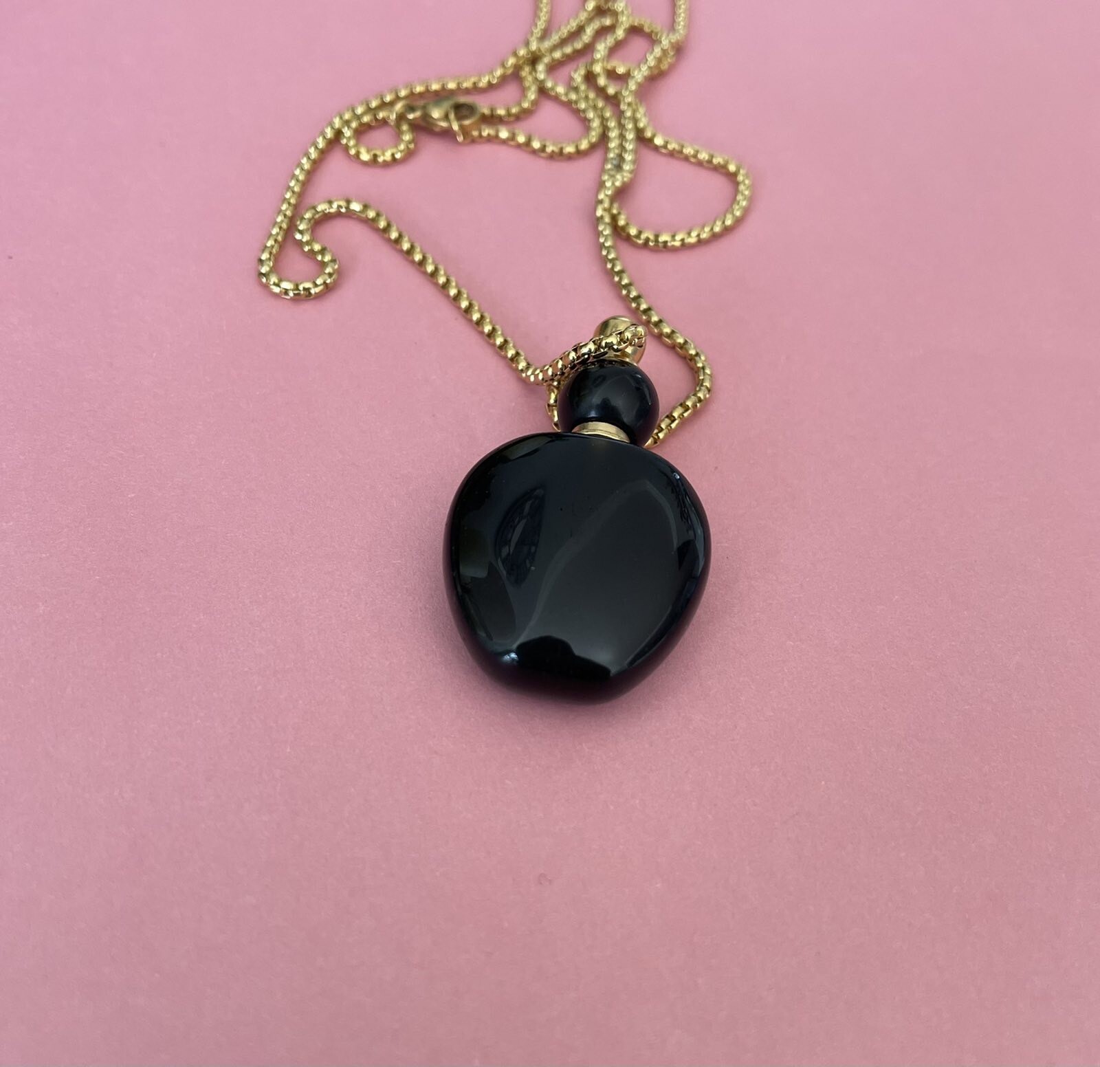 Black Obsidian Gemstone Perfume Bottle Essential Oil Necklace Pendant Gold Chain