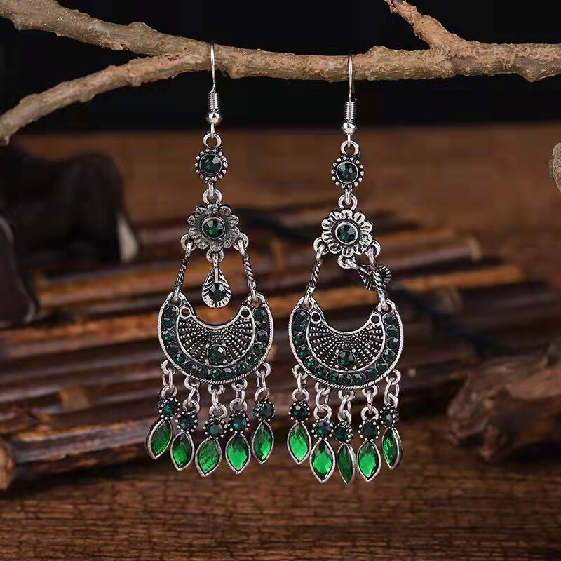 Gorgeous Women Ancient Silver Bohemian Earrings Half Moon Flowers Tassel