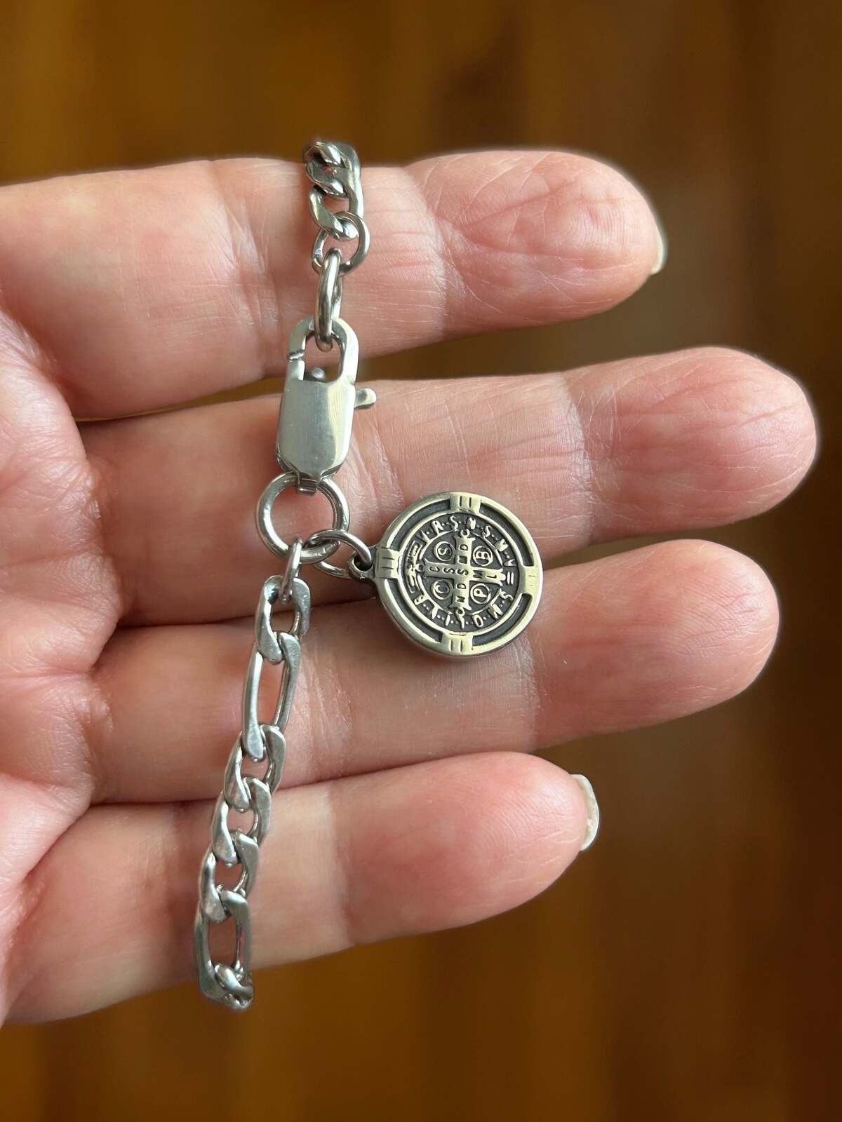 St Benedict Medal Stainless Steel Figaro Link Silver Bracelet