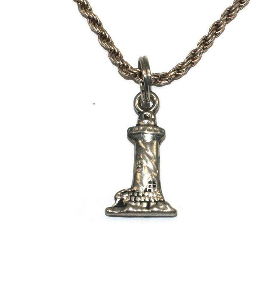 Vintage Italian Sterling Silver Lighthouse Pendant on 20″ Rope Chain, Italy 925.
