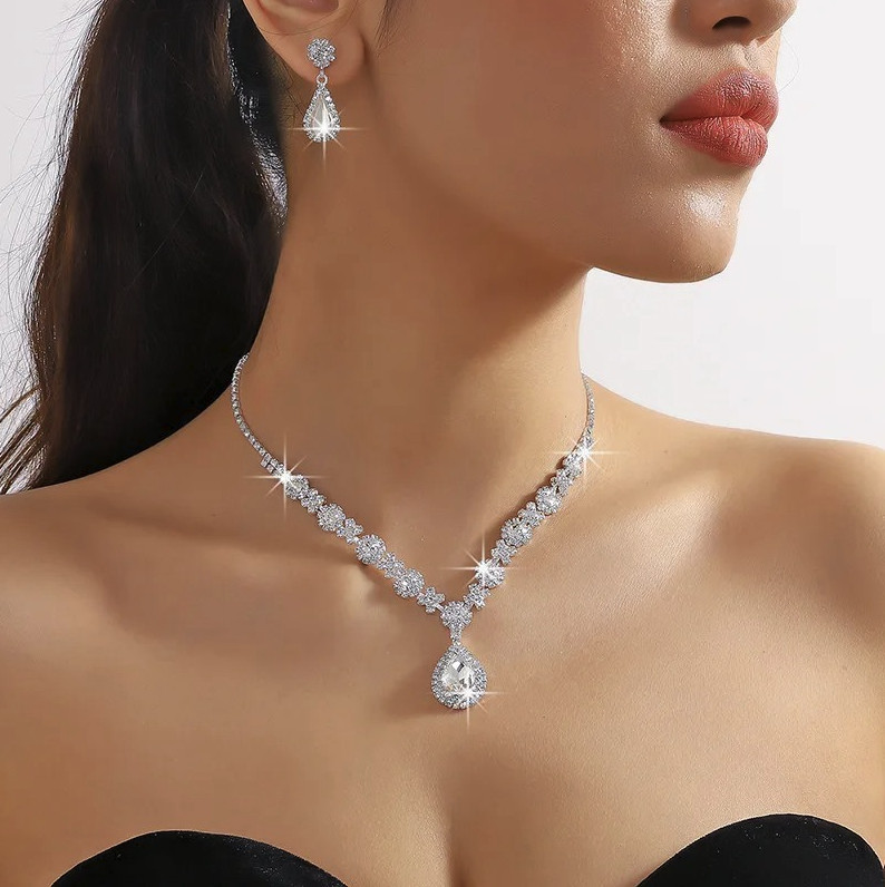 3pcs Crystal Drop Necklace Earrings Jewelry Set Women Wedding Party – NEW