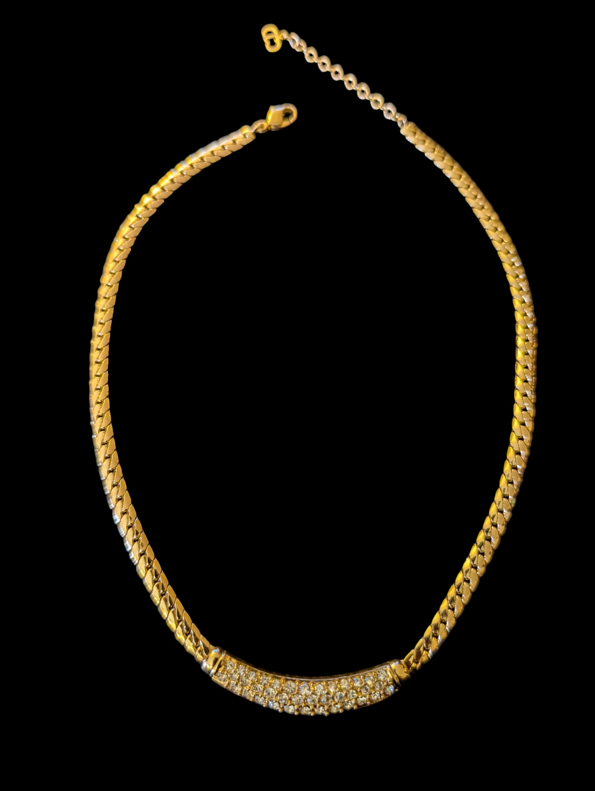 Vintage Christain Dior Pave Crystal Curved Bar 17.25″ Gold Flat Snake Chain