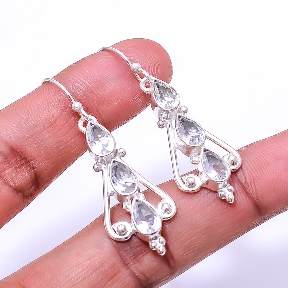 White Topaz Multi Collet 925 Sterling Silver Earring 1.95″ E21, Christmas Gift