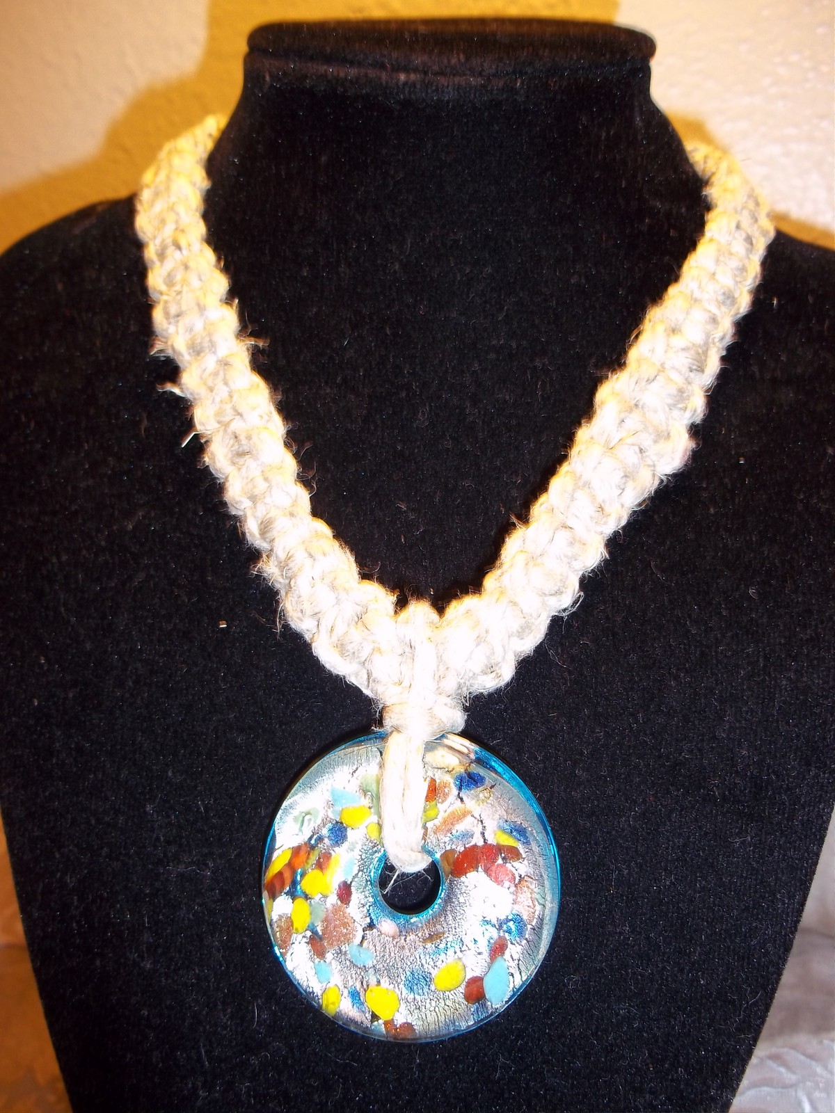 Handmade 17 1/2 Inch FAT HEMP Necklace BLUE Glass ROUND Pendant GOTH Hobo H-111