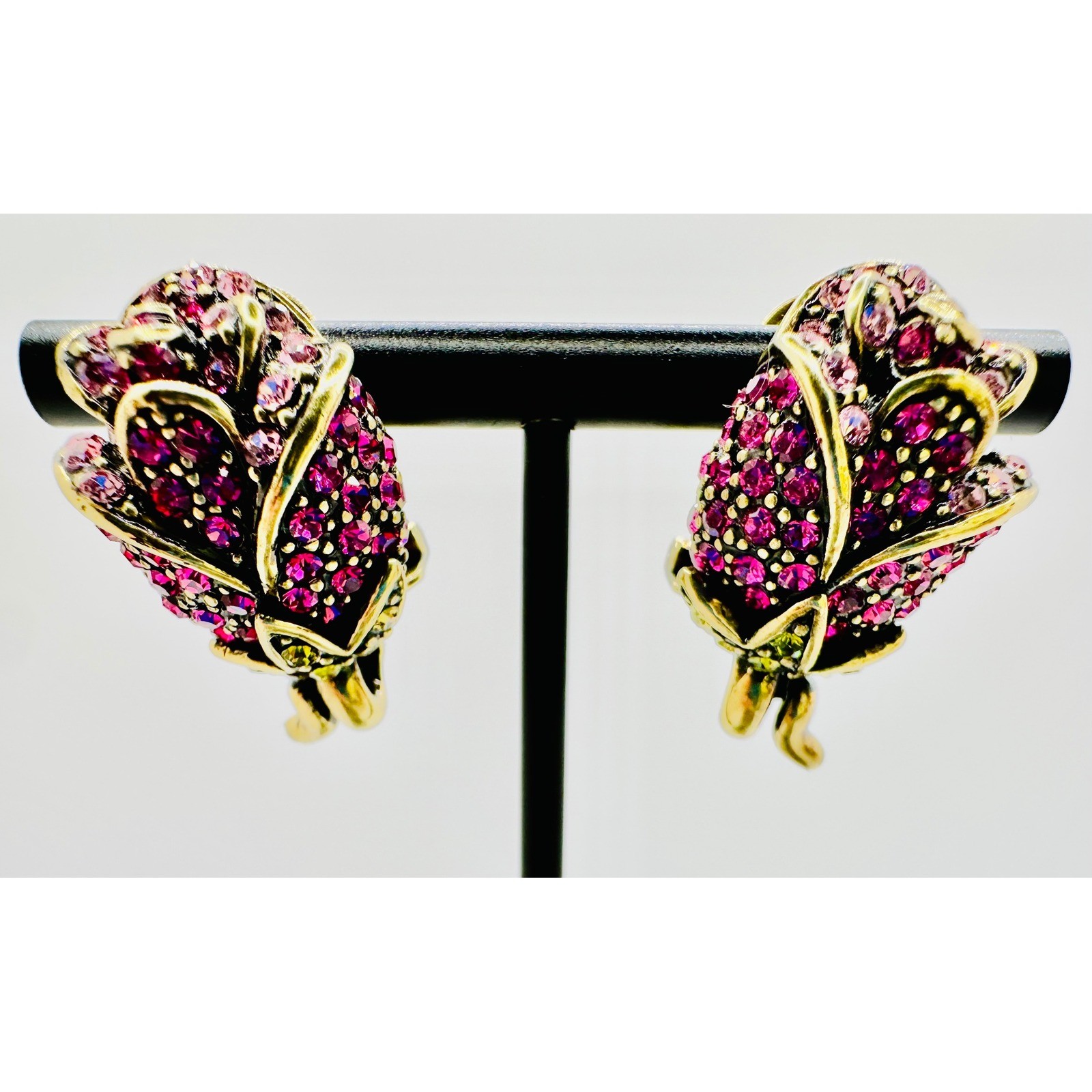 Heidi Daus Rose Bud Crystal Omega Back Earrings Pink Fuchsia Bronzetone Floral