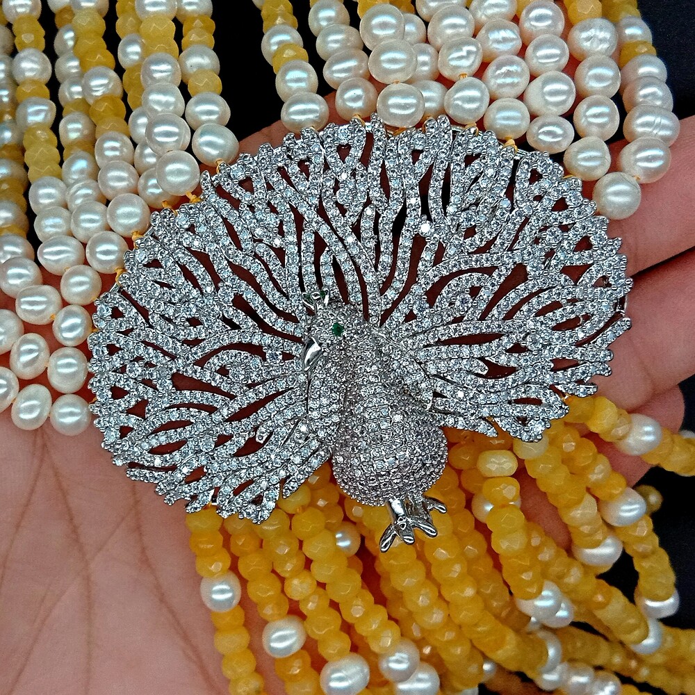 9 Strands Yellow Jade White Pearl Necklace CZ Pave Peacock Pendant19.5″