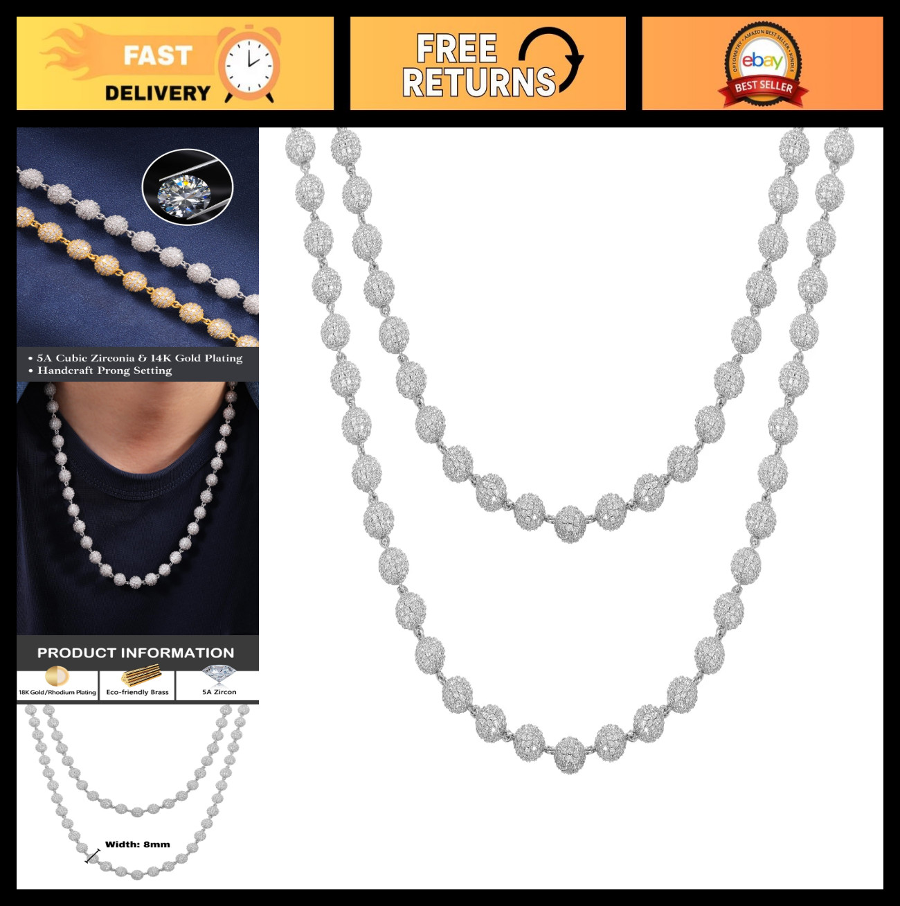 Iced Out 8mm Round Beaded Chain Necklace for Men & Women, Gold/White Gold Plated