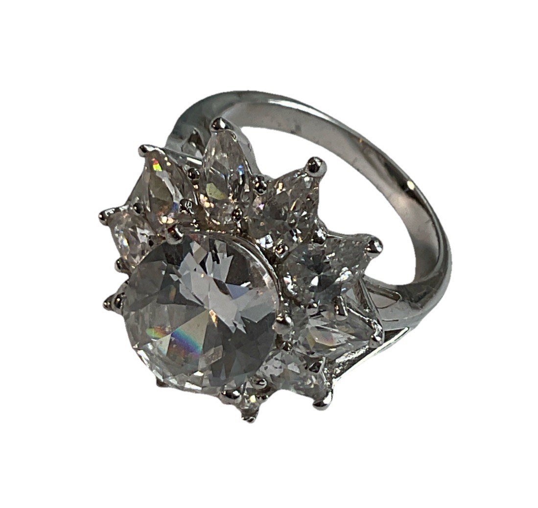 Cocktail Ring/ Rhinestones/ Silver Tone/ Size 8~ Very Good Used Condition