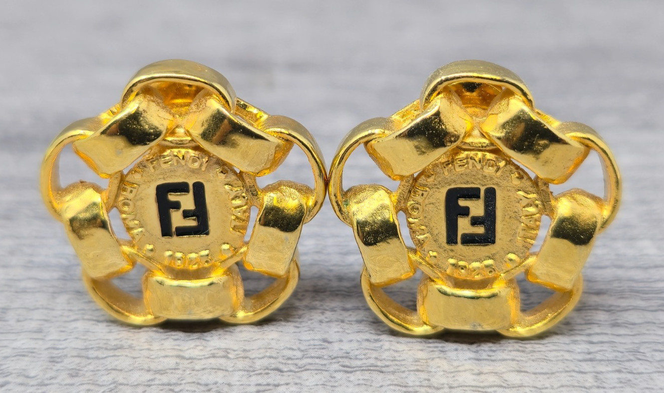 Vintage Fendi Coutre Clip On Earrings Gold Tone Spell Out