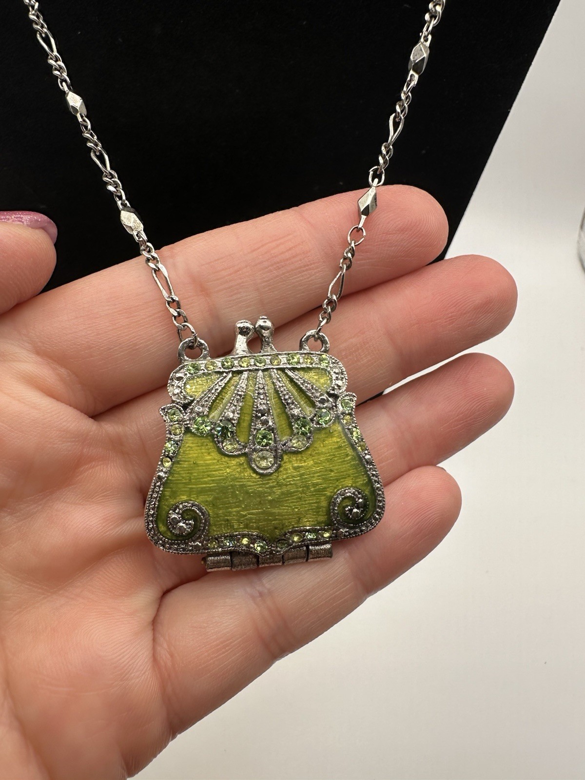Statement Necklace Silver Tone Cable Chain Green Enamel Purse Locket Pendant
