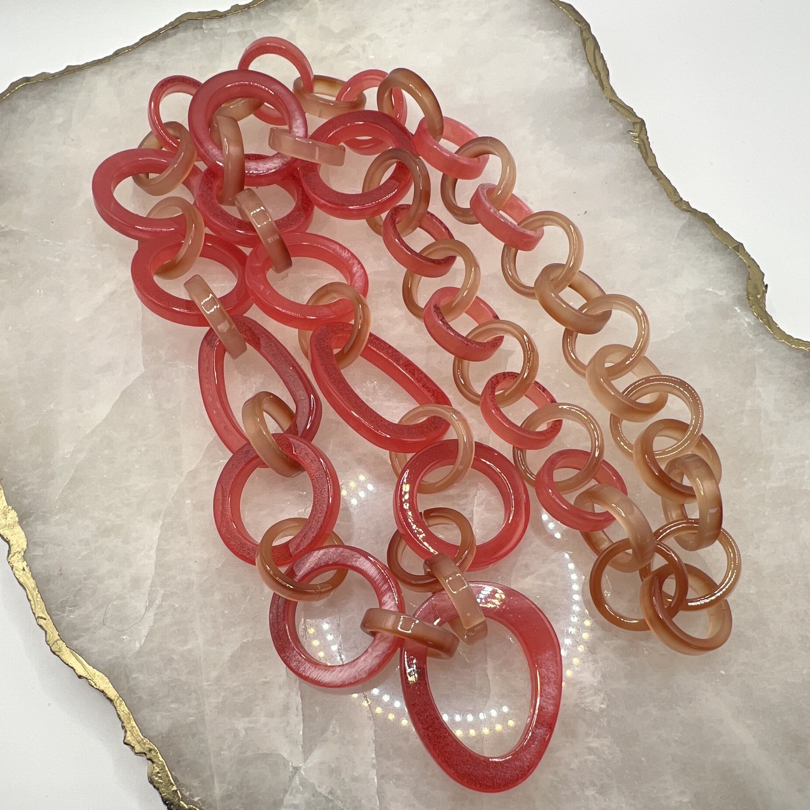 Pink & Beige Plastic Oval Link Chain Statement Necklace, No Stone
